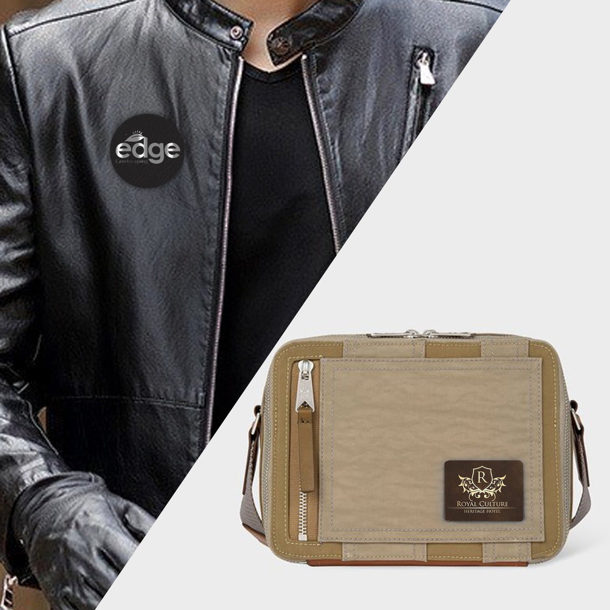 The image is split diagonally. The top left half shows a person wearing a black leather jacket with a badge labeled "CrealityFalcon." The bottom right half showcases a tan and beige messenger bag from "Royal CultuRe" with a visible logo, offering inspiration for woodworking laser engraving ideas, such as using the Black Leather Repair Patch 10x12cm from CrealityFalcon.