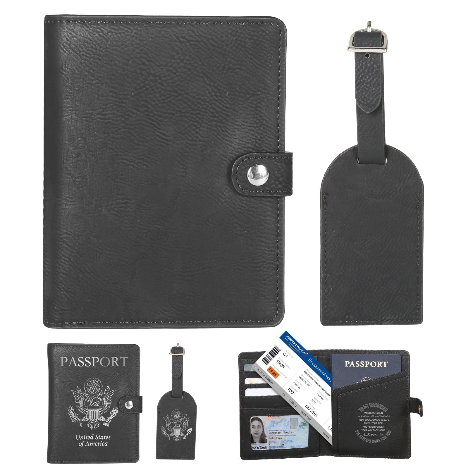 The CrealityFalcon Personalised Leather Passport Holder & Luggage Tag Set, available in black, includes a passport holder, a luggage tag with a buckle strap, and an open cardholder for various ID cards. The passport holder is adorned with the US seal and the word "PASSPORT," making it an ideal choice for those who appreciate laser engraved gifts.