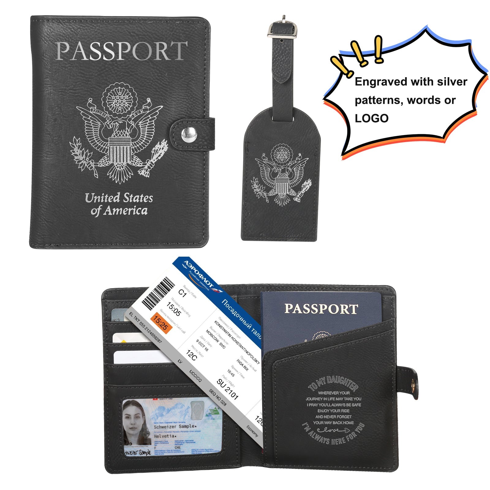 Personalised Leather Passport Holder Luggage Tag Set for Laser Engraving