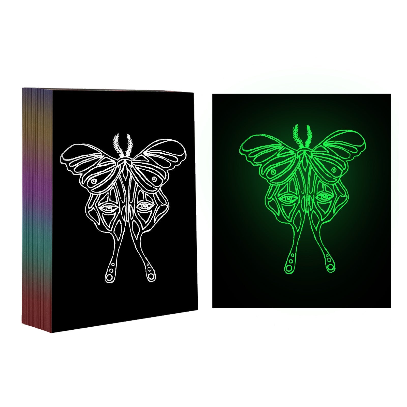 The left side showcases a stack of CrealityFalcon A4 Luminous Scratch Paper for Laser Engraving - 50 pcs, while the right side highlights scratched designs that reveal green luminescent patterns, featuring butterflies and foliage—ideal for sparking inspiration for your next laser engraving project.