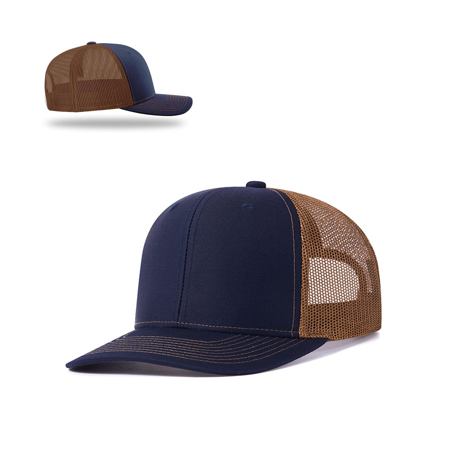 Two adjustable mesh trucker hats for men, one navy and one gray with black mesh, from the brand CrealityFalcon are shown with dimensions labeled. Also pictured are three pieces of basswood labeled "Basswood 12"x12"x2/5" (3pcs)," ideal for laser engraved gifts. Additionally, there are two self-adhesive patch labels with the words "GOLD" and "SILVER.