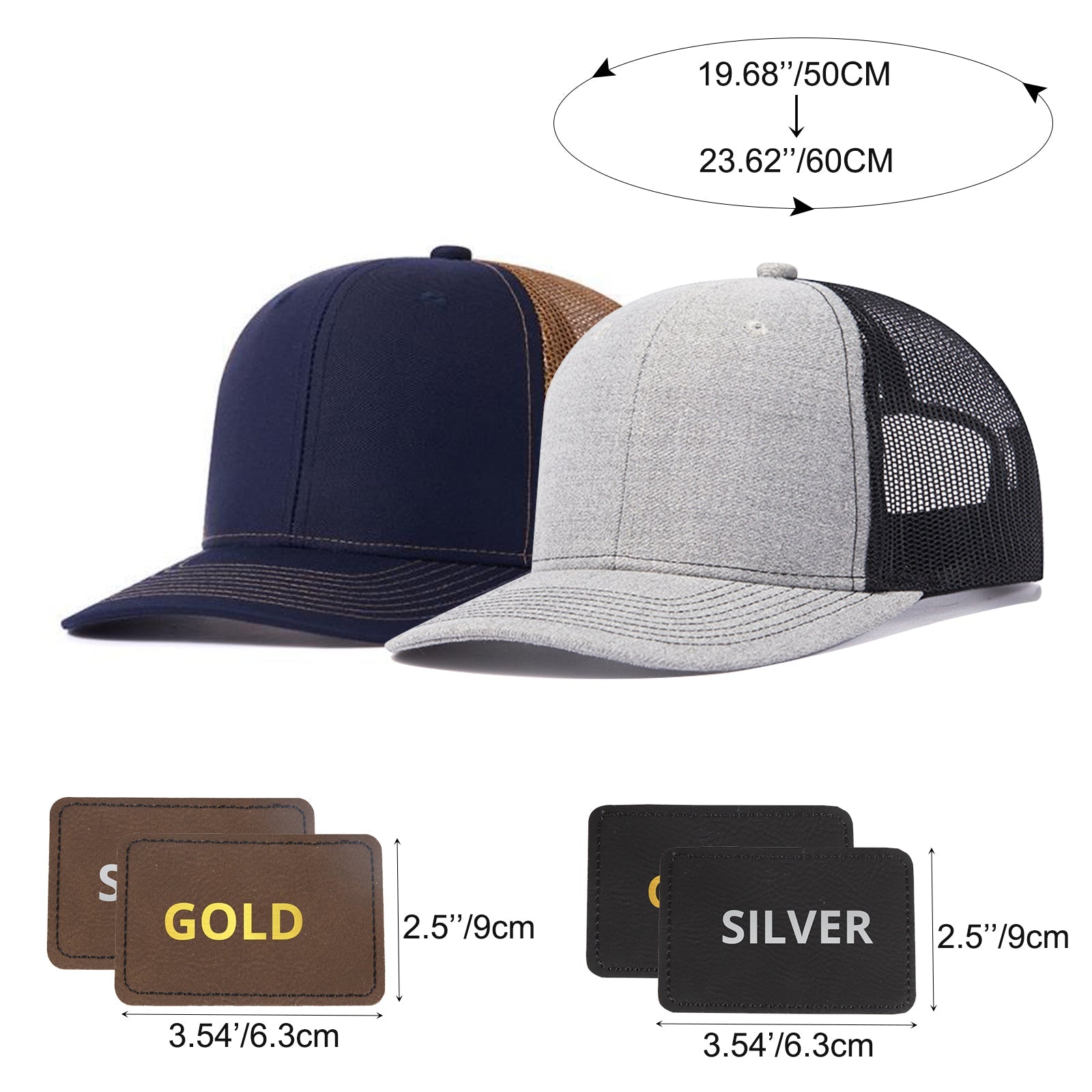 Two Adjustable Mesh Trucker Hats from CrealityFalcon are displayed side by side on a white background. One cap is navy blue with a brown mesh back, and the other is light gray with a black mesh back. Above them is a size diagram, and below are two rectangular patches labeled "GOLD" and "SILVER," suitable for laser engraved gifts.