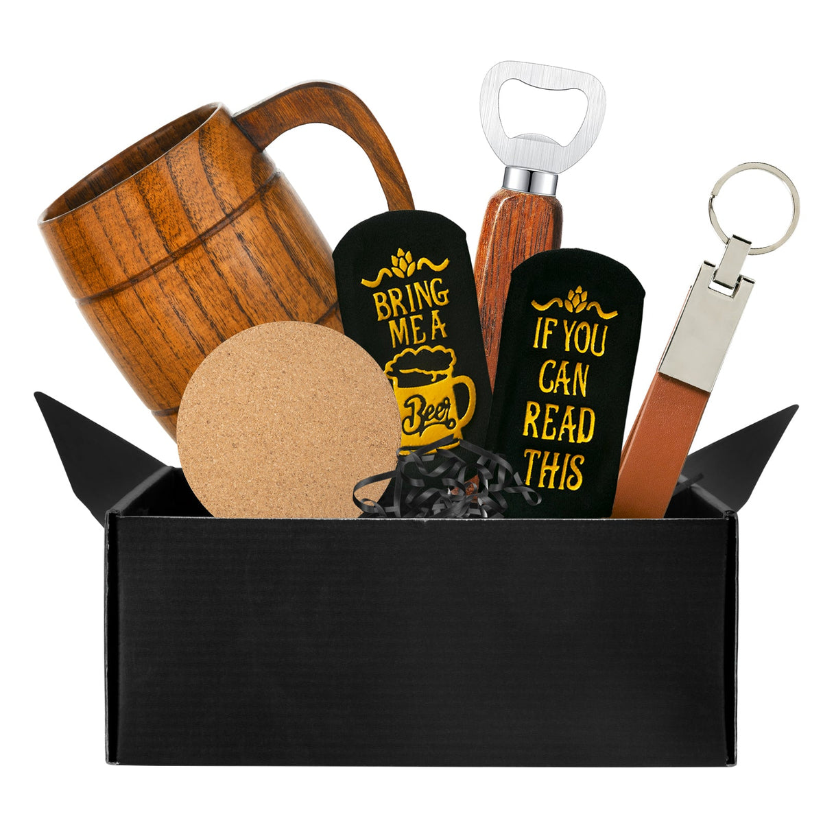 The Men's Birthday Gift Set by CrealityFalcon includes a range of personalized items, all neatly arranged in a black gift box with shredded black filler. Inside, you'll find a wooden beer mug, a round cork coaster, black socks with the humorous yellow text "BRING ME A BEER" and "IF YOU CAN READ THIS," a wooden-handled bottle opener, and a leather keychain. Each item is perfect for laser engraving to add unique personal touches.