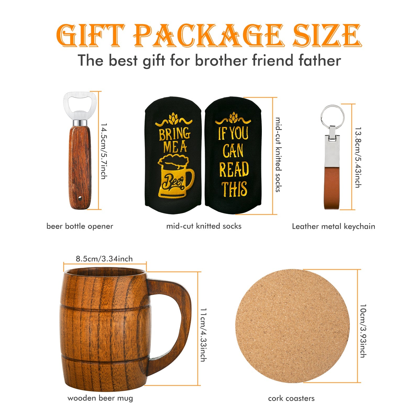 The Men's Birthday Gift Set by CrealityFalcon includes a range of personalized items, all neatly arranged in a black gift box with shredded black filler. Inside, you'll find a wooden beer mug, a round cork coaster, black socks with the humorous yellow text "BRING ME A BEER" and "IF YOU CAN READ THIS," a wooden-handled bottle opener, and a leather keychain. Each item is perfect for laser engraving to add unique personal touches.