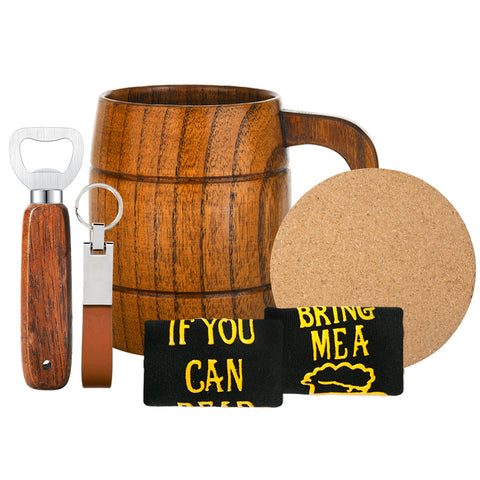 The Men's Birthday Gift Set by CrealityFalcon includes a range of personalized items, all neatly arranged in a black gift box with shredded black filler. Inside, you'll find a wooden beer mug, a round cork coaster, black socks with the humorous yellow text "BRING ME A BEER" and "IF YOU CAN READ THIS," a wooden-handled bottle opener, and a leather keychain. Each item is perfect for laser engraving to add unique personal touches.