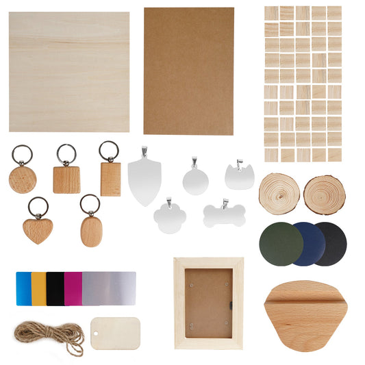 Explore the CrealityFalcon Laser Material Kit, which includes 11 types of steel and wood items such as keychains, wood slices, colored sheets, string, blank tags, rectangular boards, and small wooden tiles. Perfectly curated to ignite your laser engraving creativity. The assortment is displayed neatly on a white background. 1600
