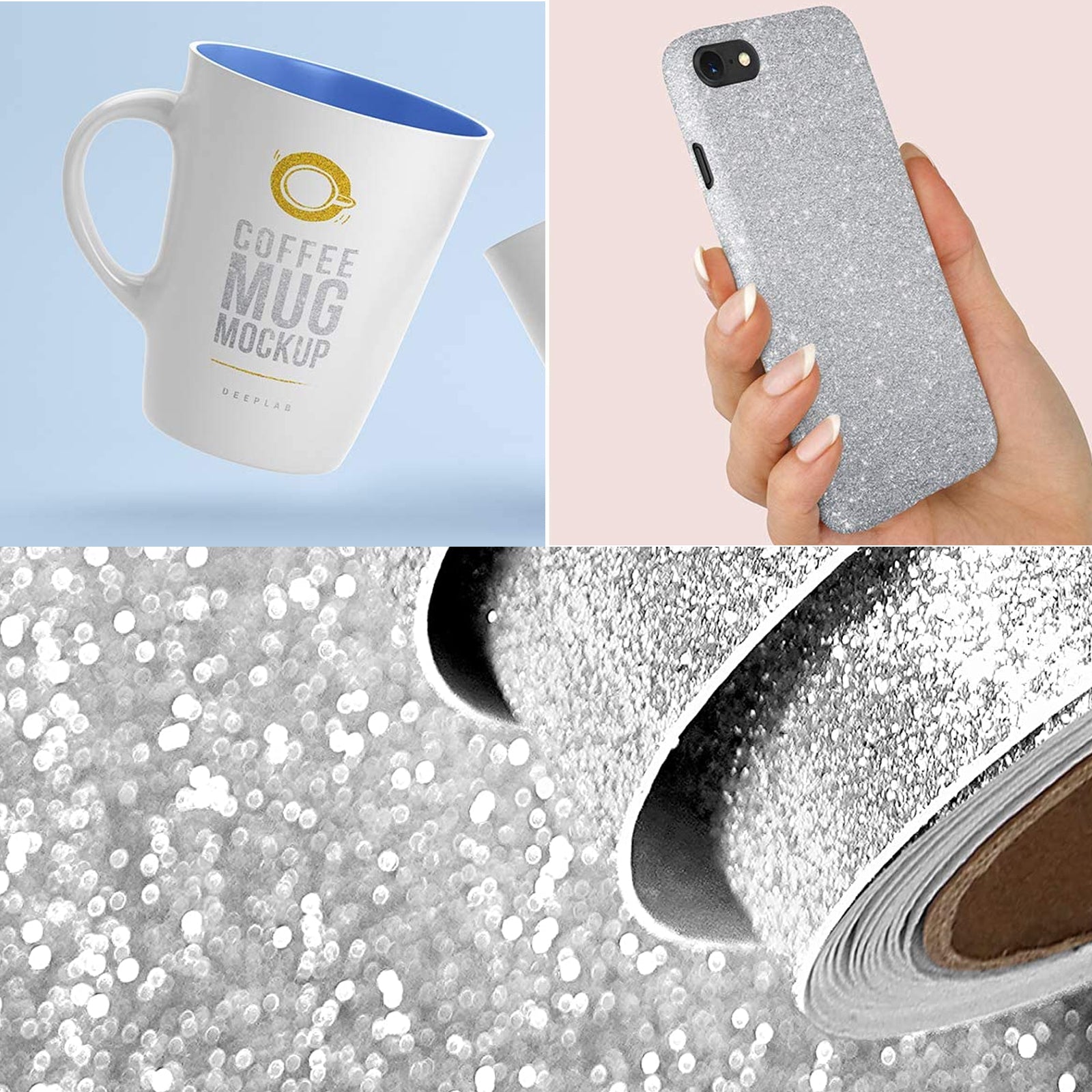 Here's a collage of images featuring a white coffee mug with a blue interior, a hand holding a silver glittery phone case, and a close-up of sparkly silver glitter with a roll of glitter material in the background. In the corner, detailed images display intricate patterns created on CrealityFalcon’s Gold & Silver Glitter Cardstock A4 for laser engraving - 40 Sheets.