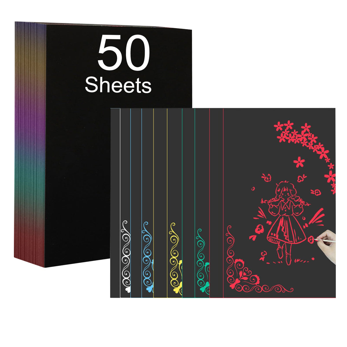 The A4 Scratch Art Paper for Engraving 5 color - 50 Sheets by CrealityFalcon is displayed, featuring a stack of 50 black sheets. Several partially scratched sheets are in front, unveiling vibrant patterns and designs beneath. One sheet showcases an enchanting illustration of a girl, flowers, and butterflies in red hues. A hand is shown holding a stylus near the illustration, reminiscent of delicate laser engraved gifts.