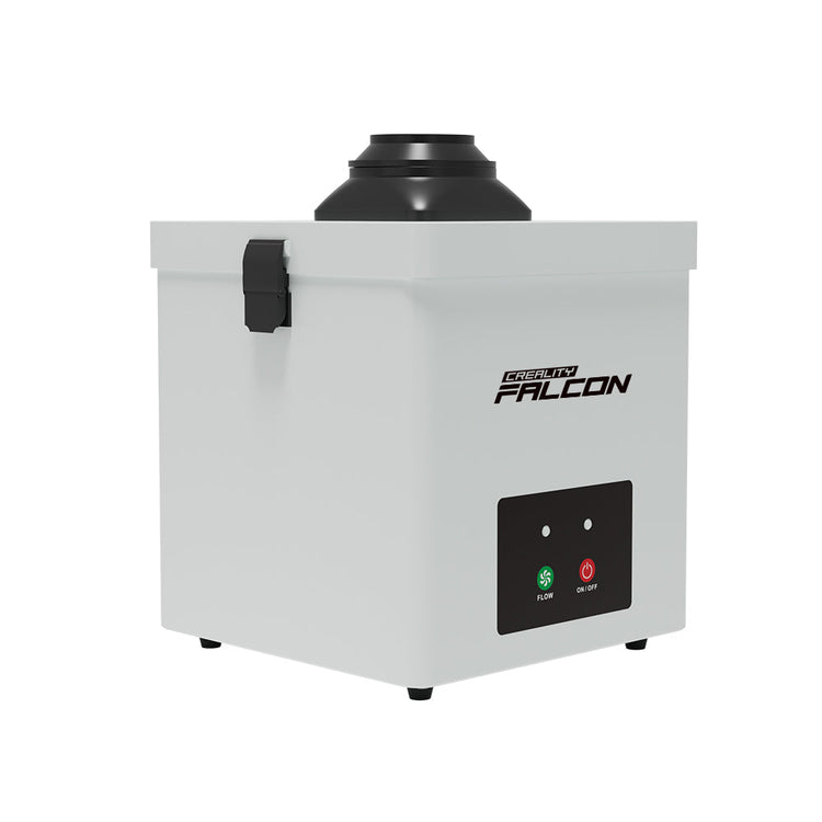 The CrealityFalcon Falcon Desktop Smoke Purifier for Falcon A1 is a white, box-shaped device with a black top vent, side latch, and front panel featuring "flow" and "on/off" indicator lights.