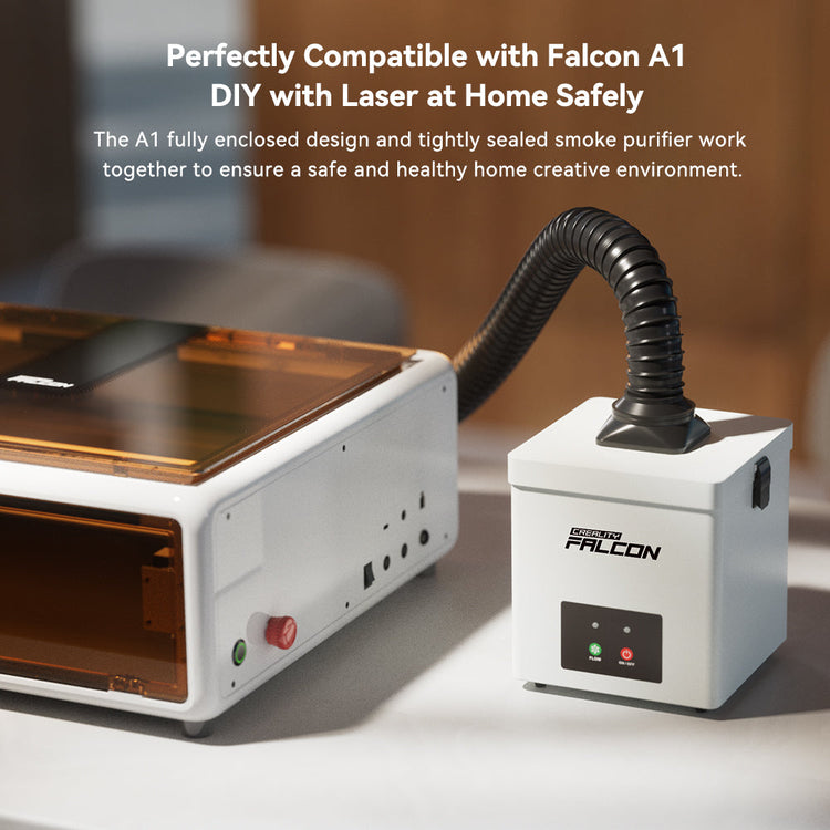 The CrealityFalcon Falcon A1 laser machine is connected to the Creality Falcon Desktop Smoke Purifier for Falcon A1, showing compatibility and enhanced safety features for home DIY laser use.