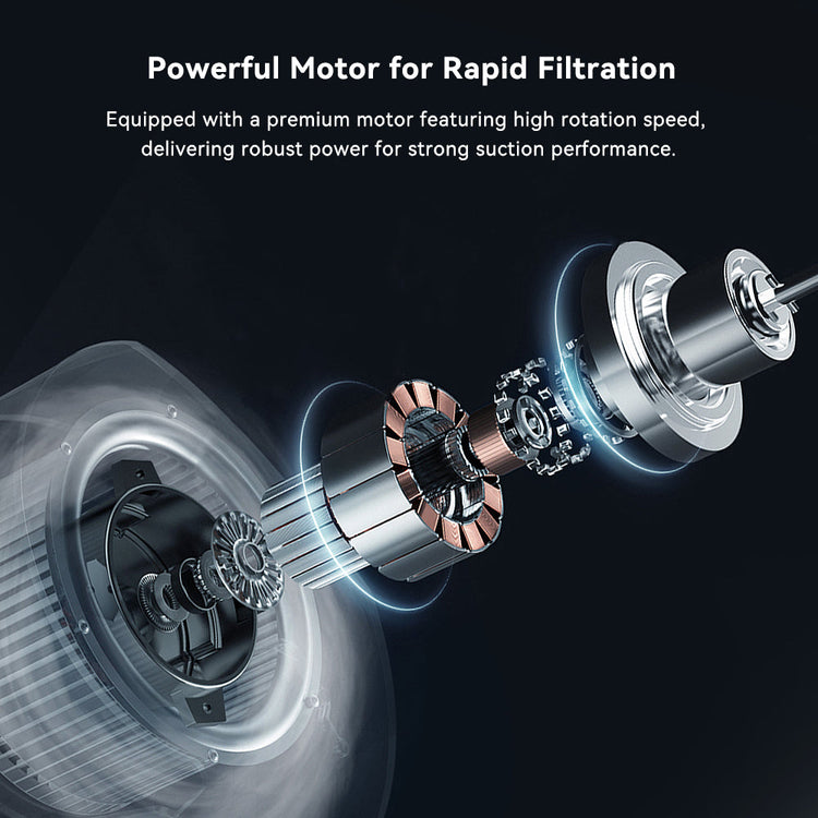 Exploded view of the Creality Falcon Desktop Smoke Purifier for Falcon A1 by CrealityFalcon, showing labeled internal parts for high-speed rotation and strong suction, with text highlighting rapid filtration performance.