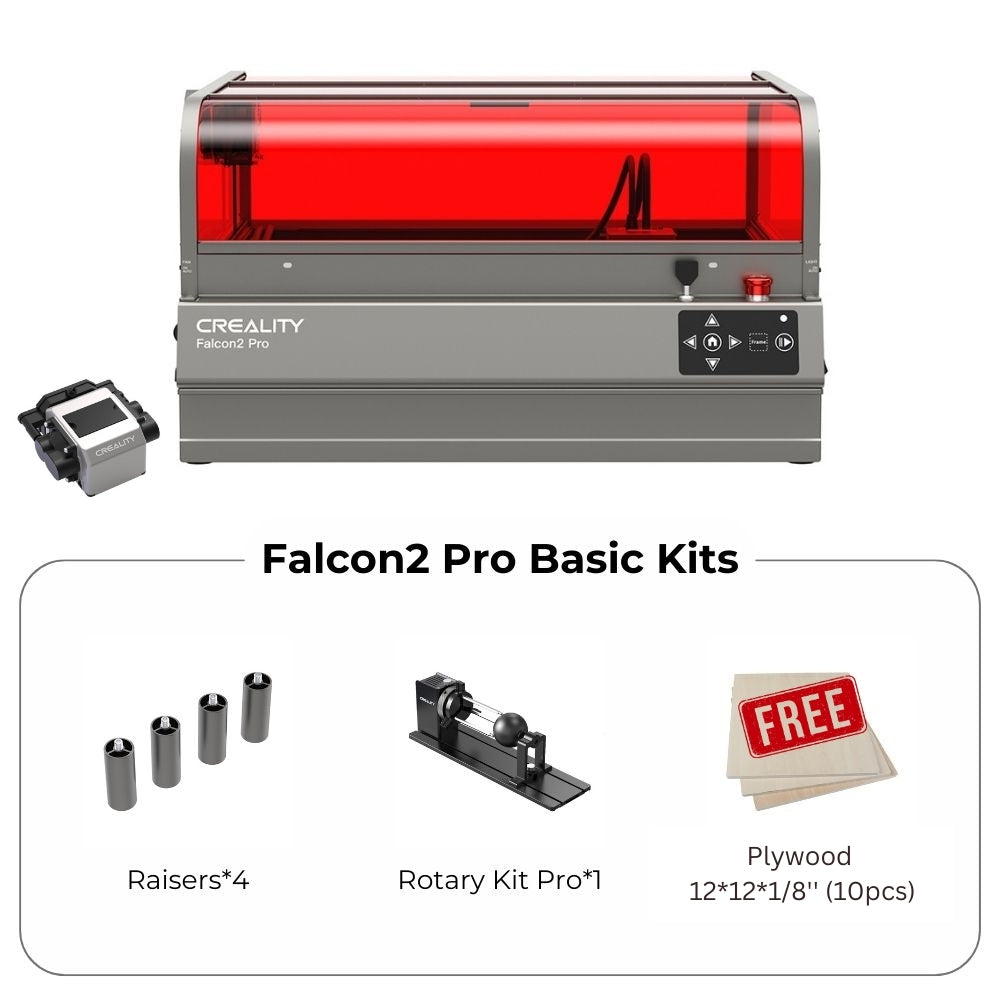 An image showcasing the CrealityFalcon Falcon2 Pro 22W Extension Kits COMBO SALE Laser Cutter with its striking red cover. Below it, the Falcon2 Pro Basic Kits include 4 raisers, a Rotary Kit Pro, and a pack of 10 pieces of plywood (12"x12"x1/8") labeled "FREE.