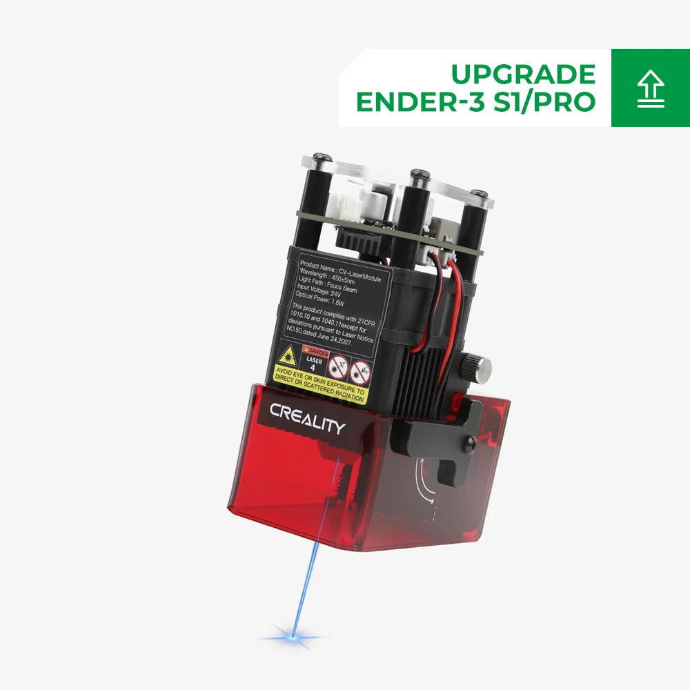 A red and black CrealityFalcon Laser Module, compatible with Ender-3 and other suitable Creality3D printers, featuring a detailed product label on the rear side. The laser module includes specifications such as wavelength and optical power, has multiple vents at the top, and a clamp mechanism on the side. Available in 1.6W/5W/10W power options.