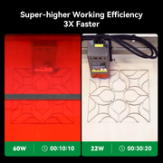 The Falcon2 Pro 60W Enclosed Laser Cutter and Engraver from CrealityFalcon is displayed with a red protective enclosure. To the left are two additional components: a free Creality laser rotary roller and a detachable laser module with an adjustable beam. A green "NEW" label is showcased in the top right corner.