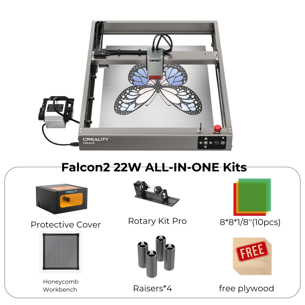 The image displays a promotional offer for the CrealityFalcon Falcon2 22W Laser Engraver and Cutter Ultimate Engraving Package, featuring an illustration of a butterfly being engraved. The promotion includes a ventilation kit, an acrylic protective case, and 50 sheets of material. This offer is available at 50% off for only 30 packs, with a limit of one per person.