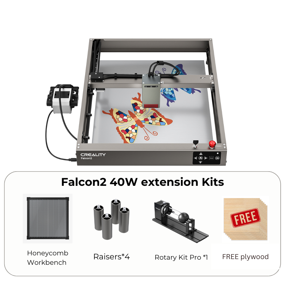 Promotional image for the CrealityFalcon Falcon2 40W Laser Engraver and Cutter Complete Crafting Engraver Set with a 45% discount, limited to 1 per person. Includes the laser engraver showcasing a butterfly design, various modules and assembly components, crafting tools. Offer is limited to just 30 packs!