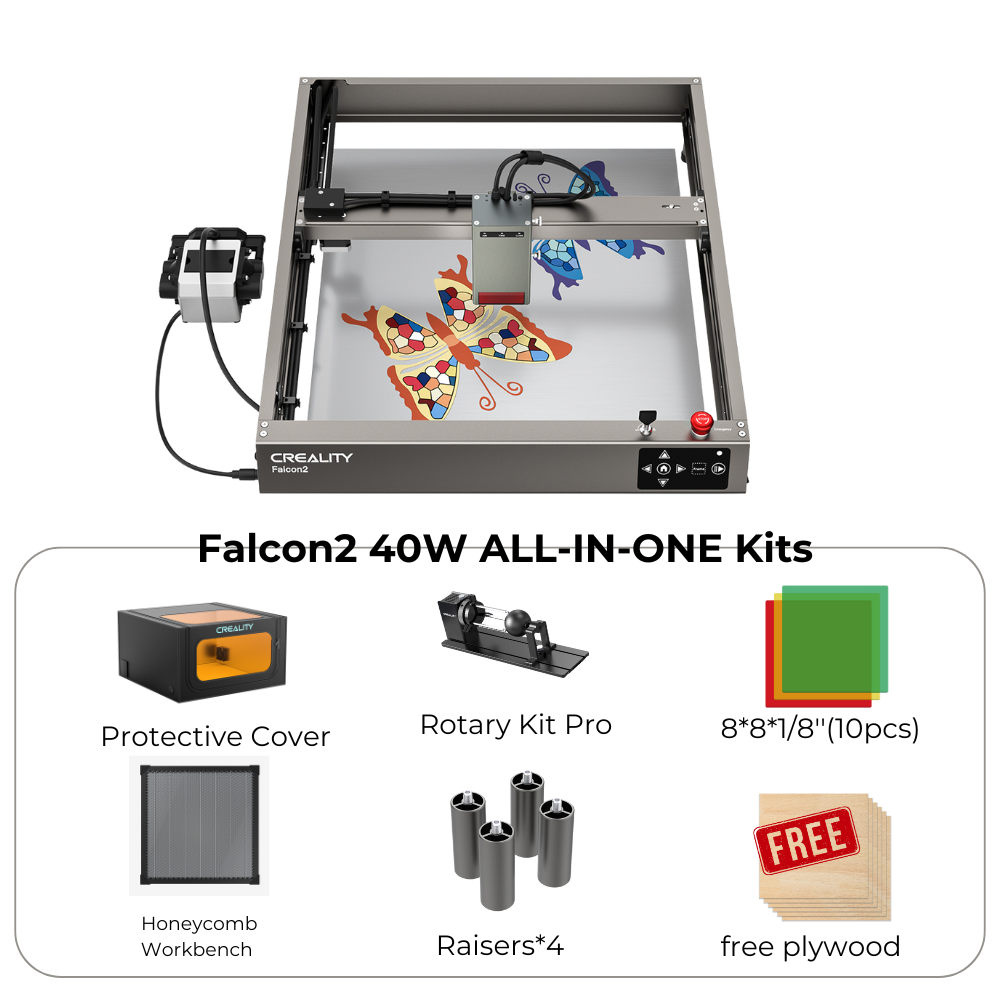 Promotional image for the CrealityFalcon Falcon2 40W Laser Engraver and Cutter Complete Crafting Engraver Set with a 45% discount, limited to 1 per person. Includes the laser engraver showcasing a butterfly design, various modules and assembly components, crafting tools. Offer is limited to just 30 packs!