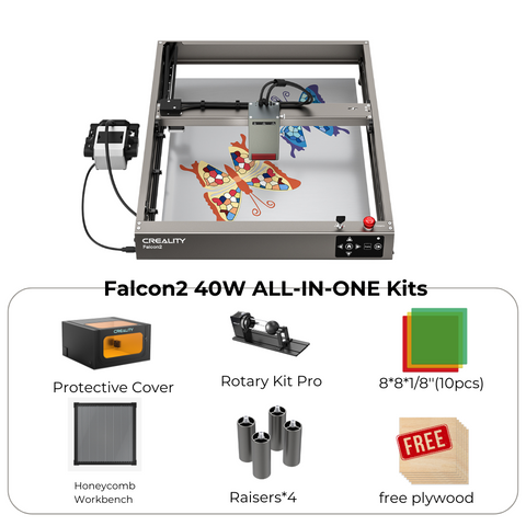 Promotional image for the CrealityFalcon Falcon2 40W Laser Engraver and Cutter Complete Crafting Engraver Set with a 45% discount, limited to 1 per person. Includes the laser engraver showcasing a butterfly design, various modules and assembly components, crafting tools. Offer is limited to just 30 packs!