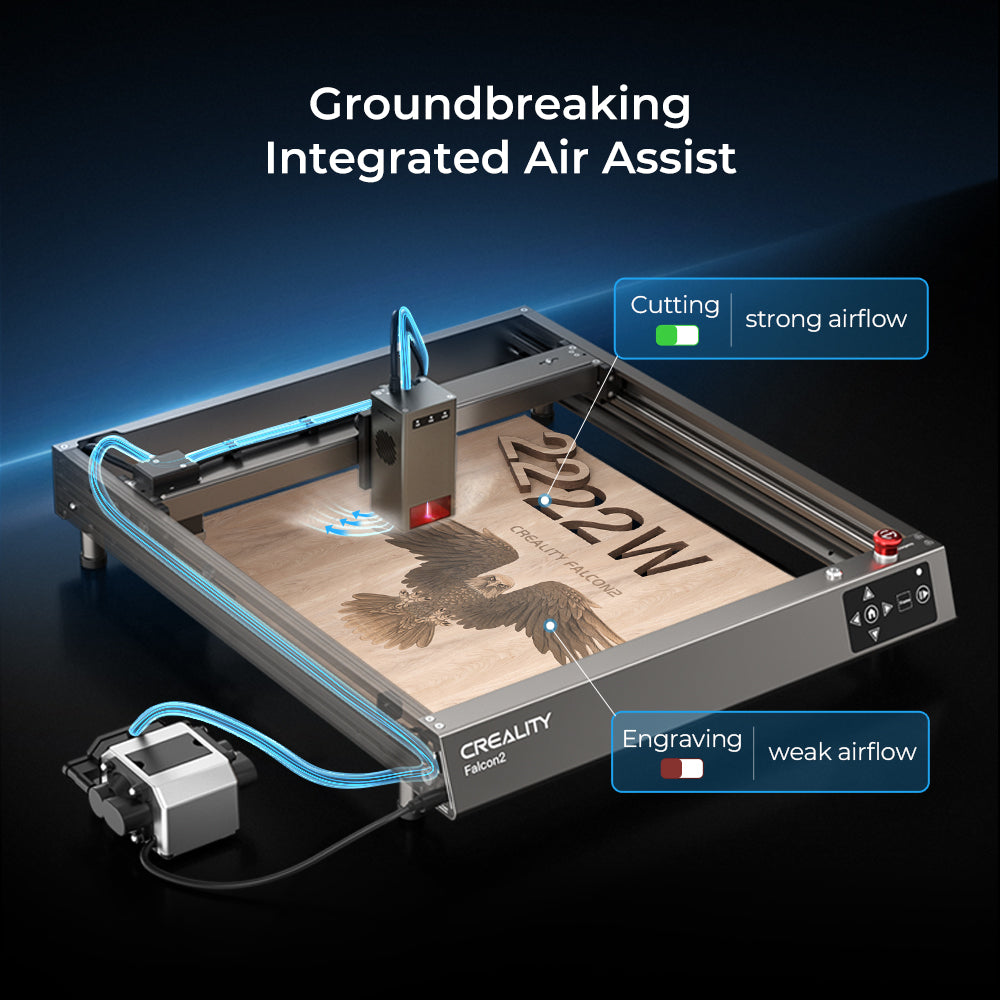 An image showcasing the CrealityFalcon Falcon2 22W Laser Engraver and Cutter in action, featuring its impressive 22W cutting power. The laser is engraving a detailed pattern on a wooden surface. Labels highlight the cutting mode with strong airflow and engraving mode with weak airflow, both enhanced by integrated air assist technology.