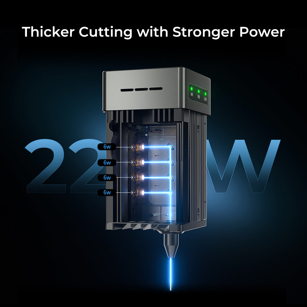 Image of a CrealityFalcon Falcon2 22W Laser Engraver and Cutter with text overlay "Thicker Cutting with Stronger Power". The machine showcases its 22W cutting power, emitting a bright blue laser beam. Indicators on the machine display four "6W" labels. Includes integrated air assist for enhanced performance.