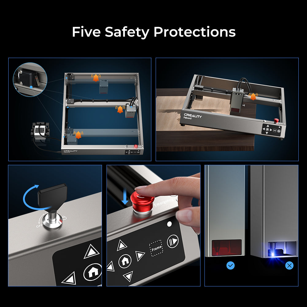 Collage of images showcasing the safety features of the Falcon2 22W Laser Engraver and Cutter by CrealityFalcon, including a reinforced structure, adjustable knob, emergency stop button, user-friendly control panel, and enclosed design. Highlighting its fast and productive nature. The text "Five Safety Protections" is written above the images.