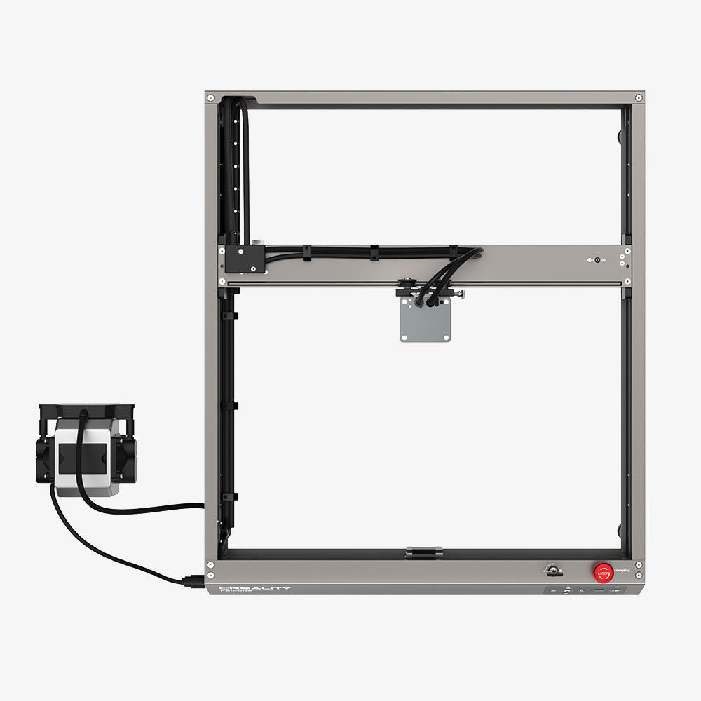 Image of a minimalist, rectangular frame with a metal build showcasing the Falcon2 22W Laser Engraver and Cutter by CrealityFalcon. The frame includes two horizontal crossbeams and features a central component where the laser module would be installed. A box-like control unit is attached to the bottom left via a cable. This design ensures fast and productive engraving or cutting.