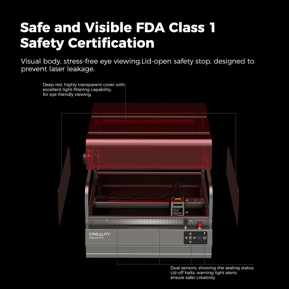 An image showcasing the CrealityFalcon Falcon2 Pro 22W/40W Enclosed Laser Engraver and Cutter with a red-tinted transparent cover emphasizes its FDA Class 1 safety certification and sleek visual design. Features include stress-free eye viewing, lid-open safety stop, and dual sensors for safe operation. The brand name "CrealityFalcon" is prominently displayed.