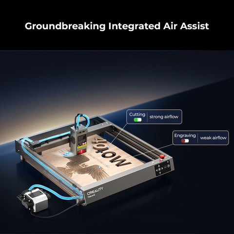 An image showcasing the CrealityFalcon Falcon2 40W Laser Engraver and Cutter with the caption "Groundbreaking Integrated Air Assist." The machine, featuring a powerful 40W laser output, is engaged in a project with labels distinguishing between strong airflow for cutting and weak airflow for engraving.