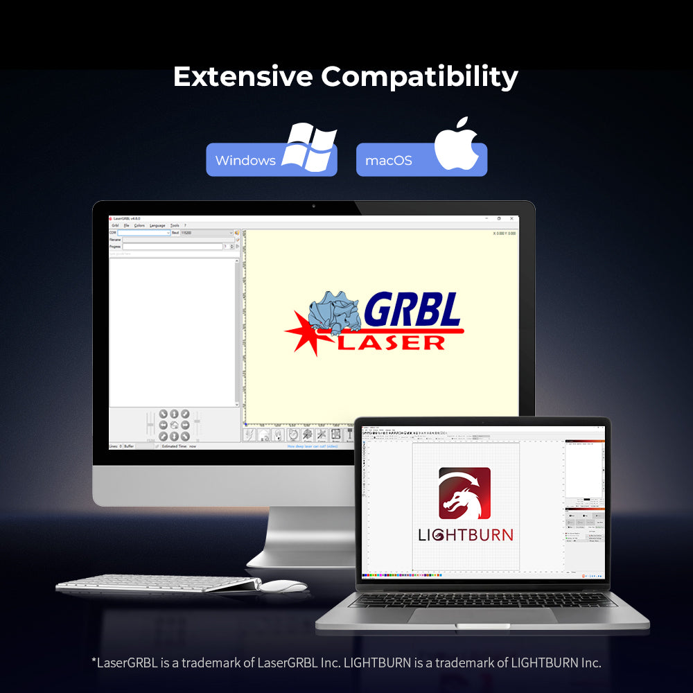 Image displaying a desktop computer and a laptop, each running laser engraving software. The desktop screen features "GRBL Laser" while the laptop displays "LightBurn." Above them, the text reads "Extensive Compatibility," accompanied by Windows and macOS logos. Showcasing the ultra-fast cutting speed for efficient projects with the Falcon2 40W Laser Engraver and Cutter from CrealityFalcon.
