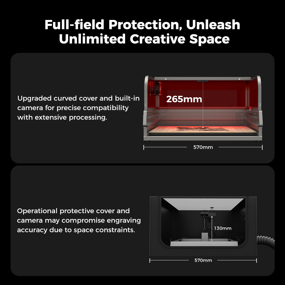 A promotional image showcasing two configurations of the CrealityFalcon Falcon2 Pro 22W/40W Enclosed Laser Engraver and Cutter. The top configuration displays a 570mm x 265mm work area with a curved cover and built-in camera for visual assistance. The bottom configuration depicts a reduced space of 570mm x 130mm due to the operational protective cover and camera.