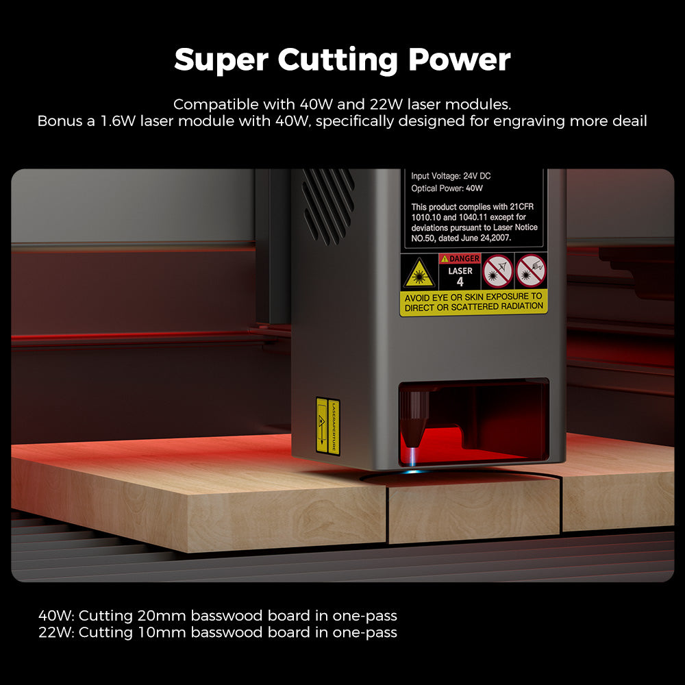 The CrealityFalcon Falcon2 Pro 22W/40W Enclosed Laser Engraver and Cutter operates on basswood boards. It comes with both 40W and 22W laser modules, as well as a bonus 1.6W laser module for detailed engraving. This machine is safety certified, offering cutting depths of up to 20mm in one pass with the 40W module and up to 10mm in one pass with the 22W module.