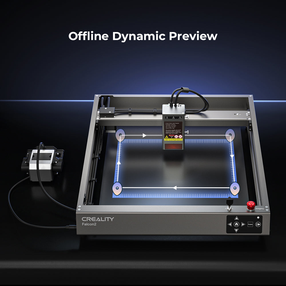 Image of a CrealityFalcon Falcon2 40W Laser Engraver and Cutter showcasing its "Offline Dynamic Preview" feature. With a powerful laser output, the device is in operation and highlights a rectangular engraving area with blue glowing lines. Nearby, a connected external component can be seen.