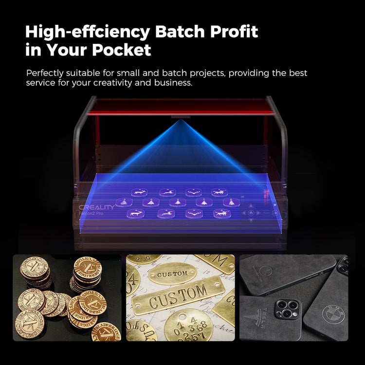 Image showcasing the CrealityFalcon Falcon2 Pro 22W/40W Enclosed Laser Engraver and Cutter with the text "High-efficiency Batch Profit in Your Pocket." Below the machine, multiple engraved coins and custom labels are displayed, along with engraved phone cases—demonstrating top-tier visual design and desktop organization.