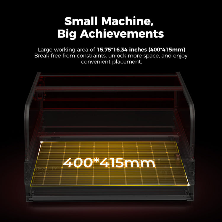 Image showing the CrealityFalcon Falcon2 Pro 22W/40W Enclosed Laser Engraver and Cutter with a highlighted yellow grid area measuring 400x415mm. The text reads, "Small Machine, Big Achievements. Large working area of 15.75*16.34 inches (400*415mm). Break free from constraints with smart visual design, unlock more space, and enjoy convenient placement.