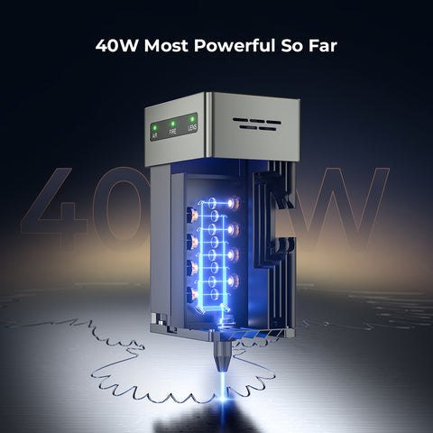 A digital image shows a futuristic Falcon2 40W Laser Engraver and Cutter by CrealityFalcon, with blue light beams inside, positioned above a metal surface with an engraving in progress. Demonstrating its powerful 40W laser output and ultra-fine carving and cutting capabilities, the text "40W Most Powerful So Far" is displayed at the top.