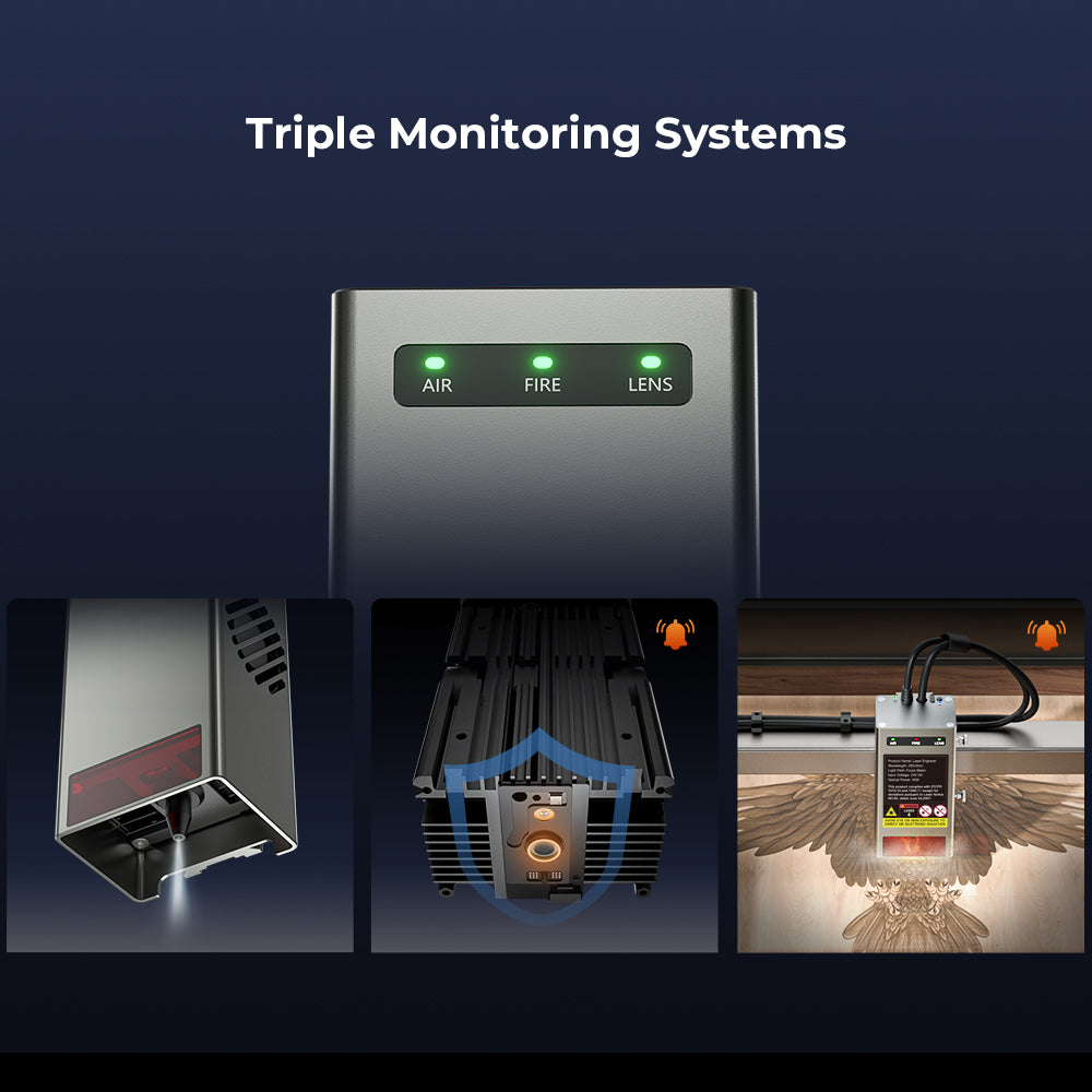 The CrealityFalcon Falcon2 40W Laser Engraver and Cutter is shown with three green indicator lights labeled "AIR," "FIRE," and "LENS." Below it are images demonstrating its ultra-fine carving and cutting systems: an air system, a fire detection system, and a lens system monitoring the powerful 40W laser as it engraves wood at a cutting speed of 25000mm/min.