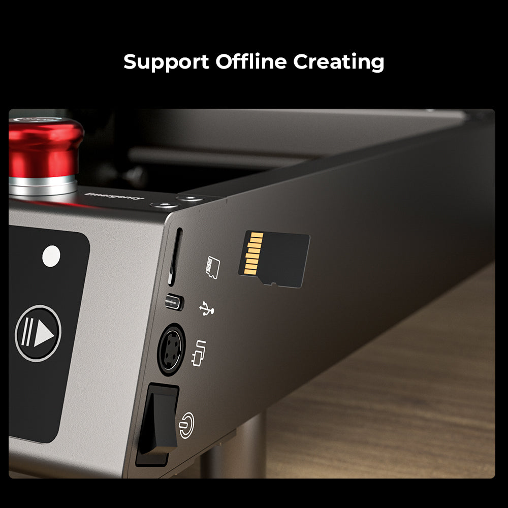 A close-up image of the CrealityFalcon Falcon2 40W Laser Engraver and Cutter reveals an SD card slot, micro-USB port, round connector, and various other inputs/outputs. The words "Support Offline Creating" are displayed above the powerful device engineered for ultra-fine carving and cutting.