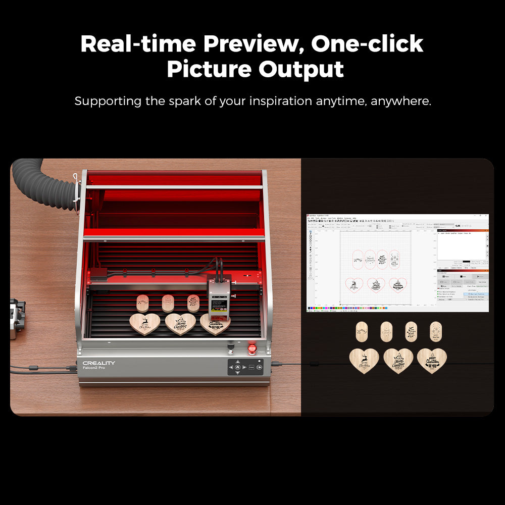 The image illustrates the CrealityFalcon Falcon2 Pro 22W/40W Enclosed Laser Engraver and Cutter in operation, creating heart-shaped wooden keychains. Below the machine sit five completed keychains. To the right, a computer screen with visual assistance shows the design software and layout that match the engraved keychains.