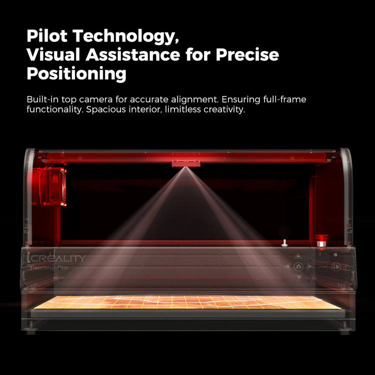 The CrealityFalcon Falcon2 Pro 22W/40W Enclosed Laser Engraver and Cutter features a transparent cover with a built-in top camera that projects light for accurate alignment. The product text emphasizes "Pilot Technology, Visual Assistance for Precise Positioning" and outlines its benefits such as full-frame functionality, a spacious interior for creativity, and Safety Certification.
