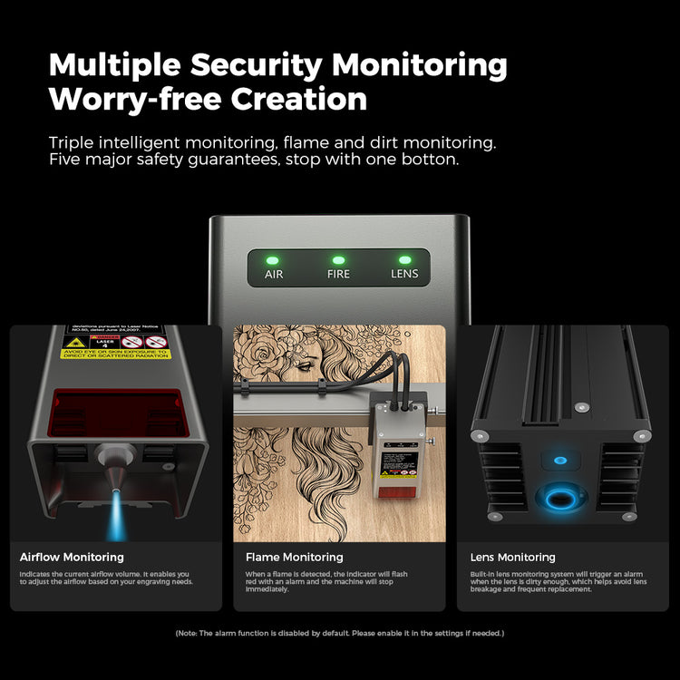 An infographic showcases the multiple security monitoring features of the Falcon2 Pro 22W/40W Enclosed Laser Engraver and Cutter by CrealityFalcon, emphasizing its Safety Certification. It illustrates three types of monitoring: Airflow, Flame, and Lens, each accompanied by sensor images and detailed descriptions. The background integrates text and diagrams to highlight the laser engraver's safety and user-friendliness.