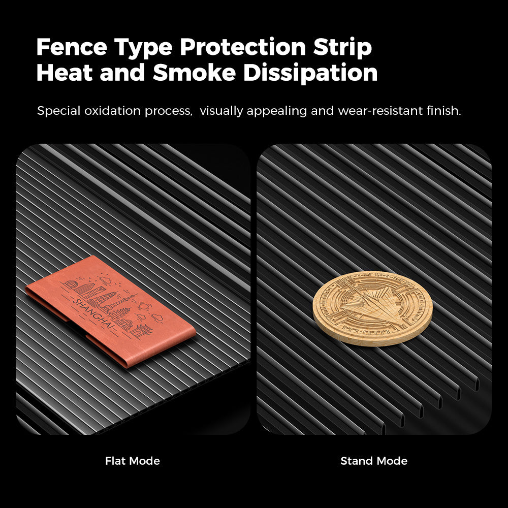 Image depicting two configurations of the Falcon2 Pro 22W/40W Enclosed Laser Engraver and Cutter by CrealityFalcon. The metallic, finely grooved platform is labeled "Fence Type Protection Strip Heat and Smoke Dissipation." On the left, labeled "Flat Mode," a flat object is positioned, while on the right, labeled "Stand Mode," a coin stands upright. This ingenious design ensures precise positioning.