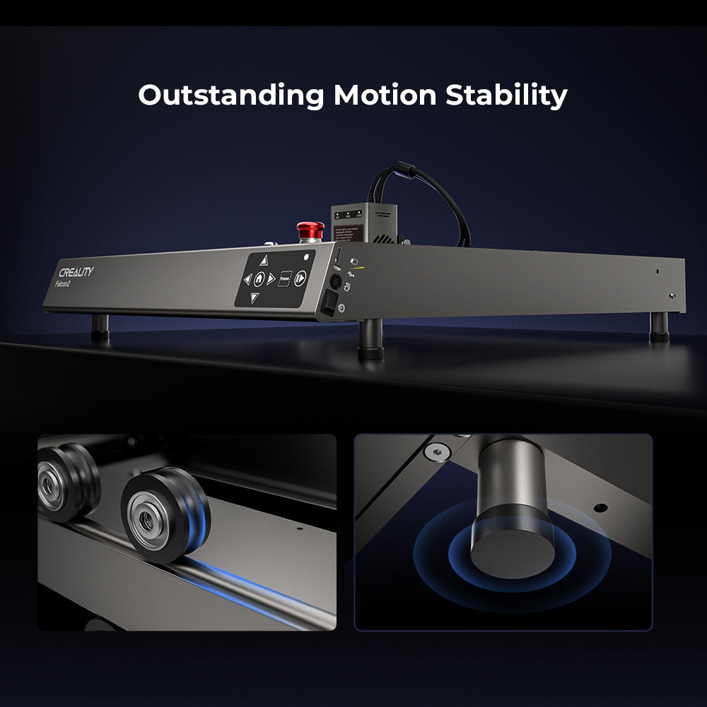 A photo depicts a black 3D printer bed with the caption "Outstanding Motion Stability" above it. Below the main image, two inset images focus on close-ups of the printer bed's motion system, featuring wheels on a rail and a stabilization element. The design supports Ultra-fine Carving and Cutting, ensuring precise results every time. This remarkable precision is brought to you by CrealityFalcon's Falcon2 40W Laser Engraver and Cutter.