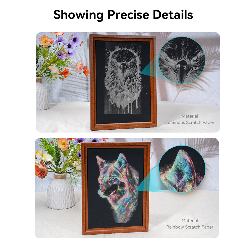 Two framed artworks are displayed on a table with a floral arrangement. One is of an owl on luminous scratch paper, and the other is of a wolf with rainbow scratch paper. Close-up insets highlight the detailed textures and colors, showcasing what might be achieved with the CrealityFalcon CR-Laser Falcon 5W Laser Engraver. Text reads "Showing Precise Details.