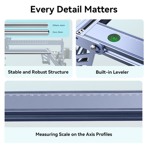 An image titled "Every Detail Matters" showcases the features of the CR-Laser Falcon 5W Laser Engraver by CrealityFalcon, highlighting its "Stable and Robust Structure" with 8mm components, a "Built-in Leveler," and a "Measuring Scale on the Axis Profiles.