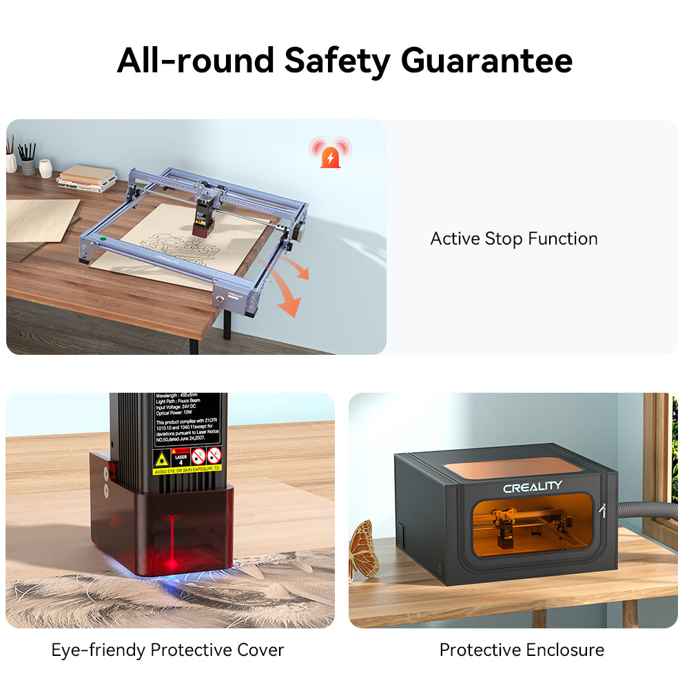 Image showcasing the premium CR-Laser Falcon 5W Laser Engraver by CrealityFalcon with three safety features highlighted. Top: "Active Stop Function" demonstrates a machine in operation with caution signs. Bottom left: "Eye-friendly Protective Cover" illustrates a laser beam safeguarded by a shield. Bottom right: "Protective Enclosure" presents a fully enclosed machine labeled "CrealityFalcon, available now in the UK.