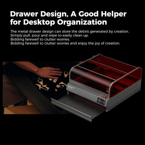 A person uses the Creality Falcon Falcon2 Pro 60W/40W/20W Enclosed Diode Laser Engraver with an open metal debris drawer. Wooden cut-outs, a hand, and text highlight how the drawer design helps organize desktops and unleash creativity.