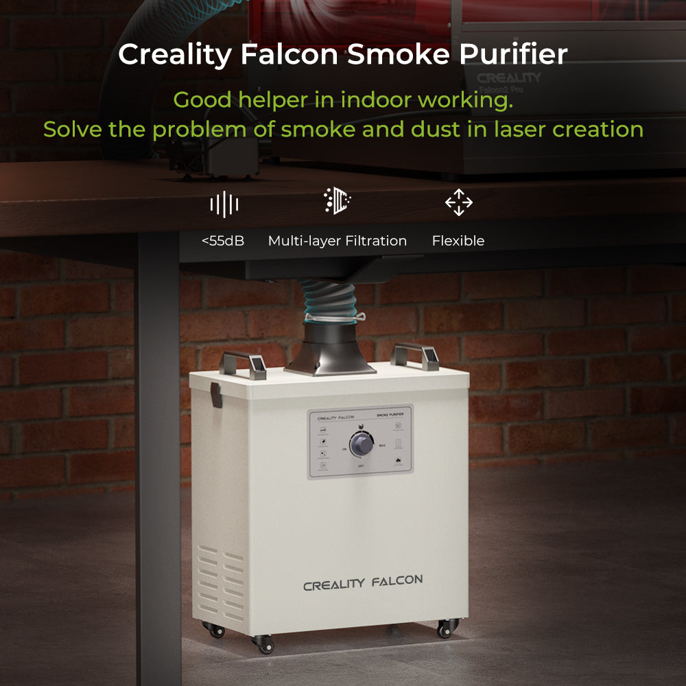 Front view of a CrealityFalcon Smoke Purifier. The device is rectangular, with a control panel in the center above the CrealityFalcon logo. Featuring an efficient activated carbon filter, the top has a black exhaust outlet, and it includes small wheels at the bottom for mobility.