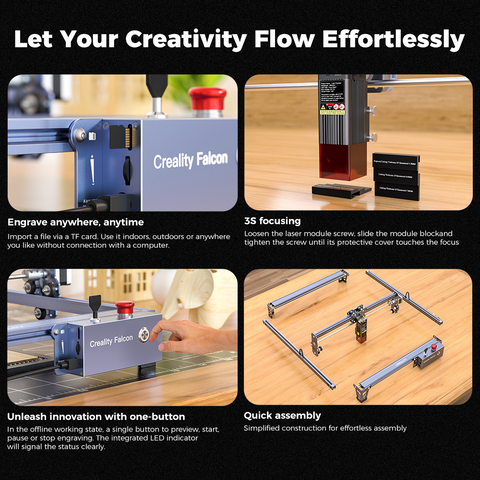 An instructional graphic for the CrealityFalcon Falcon Pro 10W Laser Engraver describes four key features: engraving without a connection, easy focus adjustment in 35 seconds, offline working via one-button operation, and quick assembly with simplified construction steps.