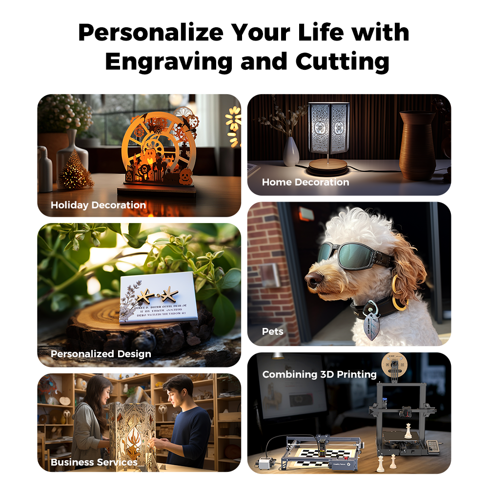 A collage titled "Personalize Your Life with Engraving and Cutting" featuring images of different uses including holiday decoration, home decoration, personalized design, pets, combining 3D printing with a CrealityFalcon Falcon Pro 10W Laser Engraver for intricate details, and business services.
