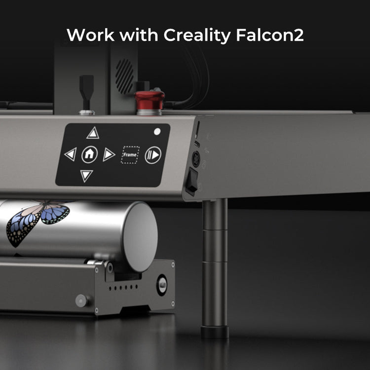 This image showcases a promotion for the CrealityFalcon Rotary Kit Pro and Risers*4 - Surface Creation Kit for Falcon Laser Engraver, available in a 50-pack offer. At the top, an orange banner declares "50 Packs Only." There's a circular inset detailing machine controls, four cylindrical risers below, and a red banner offering "20% off" with "Limit 1 Per Person.